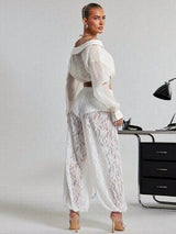 White Sheer Lace Bubble Hem Pants Women Vacation Joggers XS