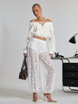 White Sheer Lace Bubble Hem Pants Women Vacation Joggers XS