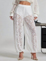 White Sheer Lace Bubble Hem Pants Women Vacation Joggers XS