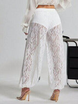 White Sheer Lace Bubble Hem Pants Women Vacation Joggers XS