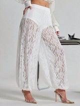 White Sheer Lace Bubble Hem Pants Women Vacation Joggers XS