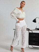White Sheer Lace Bubble Hem Pants Women Vacation Joggers XS