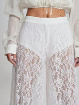 White Sheer Lace Bubble Hem Pants Women Vacation Joggers XS