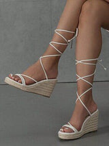 White Espadrille Wedge Sandals Tie Leg US 6.5 CN37