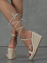 White Espadrille Wedge Sandals Tie Leg US 6.5 CN37