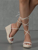 White Espadrille Wedge Sandals Tie Leg US 6.5 CN37