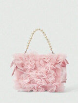 🎀💖 Pink Mesh Bow & Faux Pearl Chain Handbag
