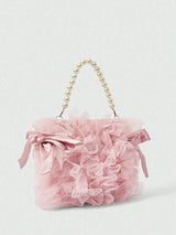 🎀💖 Pink Mesh Bow & Faux Pearl Chain Handbag