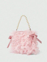 🎀💖 Pink Mesh Bow & Faux Pearl Chain Handbag