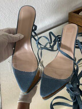 💙 Blue Denim Clear Heel Lace-Up Sandal Mules EU38 US 7.5