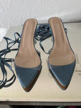 💙 Blue Denim Clear Heel Lace-Up Sandal Mules EU38 US 7.5