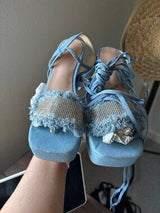 💎 Denim Rhinestone Lace Up Platform Heels EU37 US6.5/7
