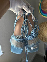 💎 Denim Rhinestone Lace Up Platform Heels EU37 US6.5/7