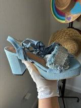 💎 Denim Rhinestone Lace Up Platform Heels EU37 US6.5/7