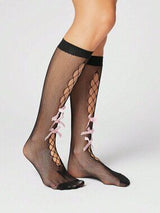 🖤 Pink Bow Fishnet Knee High Socks One Size