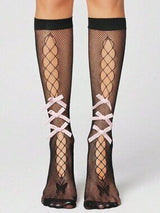 🖤 Pink Bow Fishnet Knee High Socks One Size