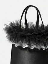 🖤 Black Satin Mini Tote Bag w/ Tulle Lace Ruffle