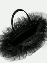🖤 Black Satin Mini Tote Bag w/ Tulle Lace Ruffle