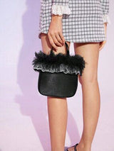🖤 Black Satin Mini Tote Bag w/ Tulle Lace Ruffle