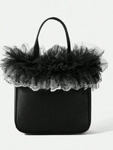 🖤 Black Satin Mini Tote Bag w/ Tulle Lace Ruffle