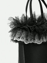 🖤 Black Satin Mini Tote Bag w/ Tulle Lace Ruffle