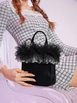 🖤 Black Satin Mini Tote Bag w/ Tulle Lace Ruffle