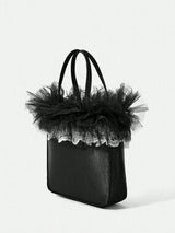 🖤 Black Satin Mini Tote Bag w/ Tulle Lace Ruffle
