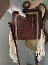 🤎 Vintage Boho Tooled Leather Fringe Crossbody Purse – Handmade in Mexico