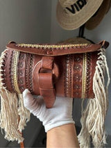 🤎 Vintage Boho Tooled Leather Fringe Crossbody Purse – Handmade in Mexico