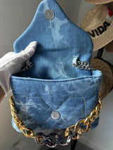 👜 Blue Quilted Denim Mixed Chain Shoulder Bag Purse