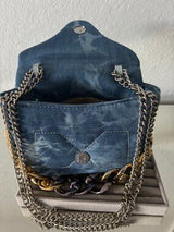 👜 Blue Quilted Denim Mixed Chain Shoulder Bag Purse