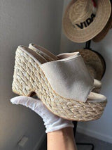 🤎 Beige Suede Raffia Platform Mule Heels US 8–8.5