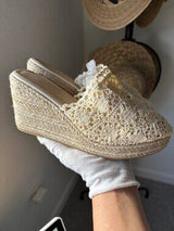 🤍 Cream Crochet Espadrille Wedge Mule Sandals US 8–8.5