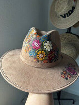 🌺 Mexican Hand-Painted Floral Western Hat Tan Size L