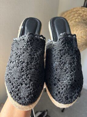 🖤 Black Crochet Espadrille Wedge Mule Sandals US 8.5