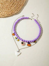 🎃 Halloween Purple Beaded Eyeball Ghost Layered Necklace Set