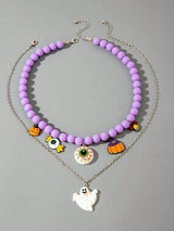 🎃 Halloween Purple Beaded Eyeball Ghost Layered Necklace Set