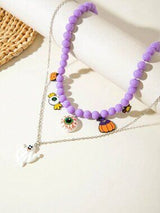 🎃 Halloween Purple Beaded Eyeball Ghost Layered Necklace Set