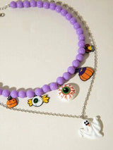 🎃 Halloween Purple Beaded Eyeball Ghost Layered Necklace Set