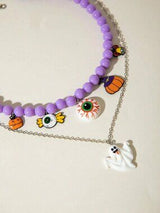 🎃 Halloween Purple Beaded Eyeball Ghost Layered Necklace Set