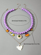 🎃 Halloween Purple Beaded Eyeball Ghost Layered Necklace Set