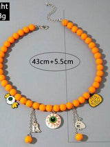 🎃 Halloween Orange Beaded Eyeball Ghost Pumpkin Charm Necklace