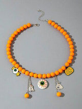 🎃 Halloween Orange Beaded Eyeball Ghost Pumpkin Charm Necklace