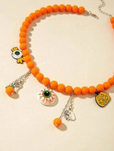 🎃 Halloween Orange Beaded Eyeball Ghost Pumpkin Charm Necklace