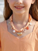 🧡 Peach Orange Scarf Necklace with Heart Starfish Pearl & Coral Charms