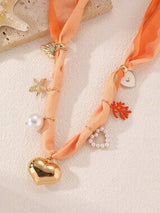 🧡 Peach Orange Scarf Necklace with Heart Starfish Pearl & Coral Charms