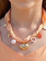 🧡 Peach Orange Scarf Necklace with Heart Starfish Pearl & Coral Charms