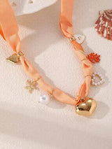 🧡 Peach Orange Scarf Necklace with Heart Starfish Pearl & Coral Charms