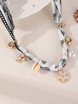 Black & White Paisley Scarf Necklace with Heart Flower Charms 🖤