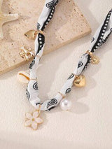 Black & White Paisley Scarf Necklace with Heart Flower Charms 🖤